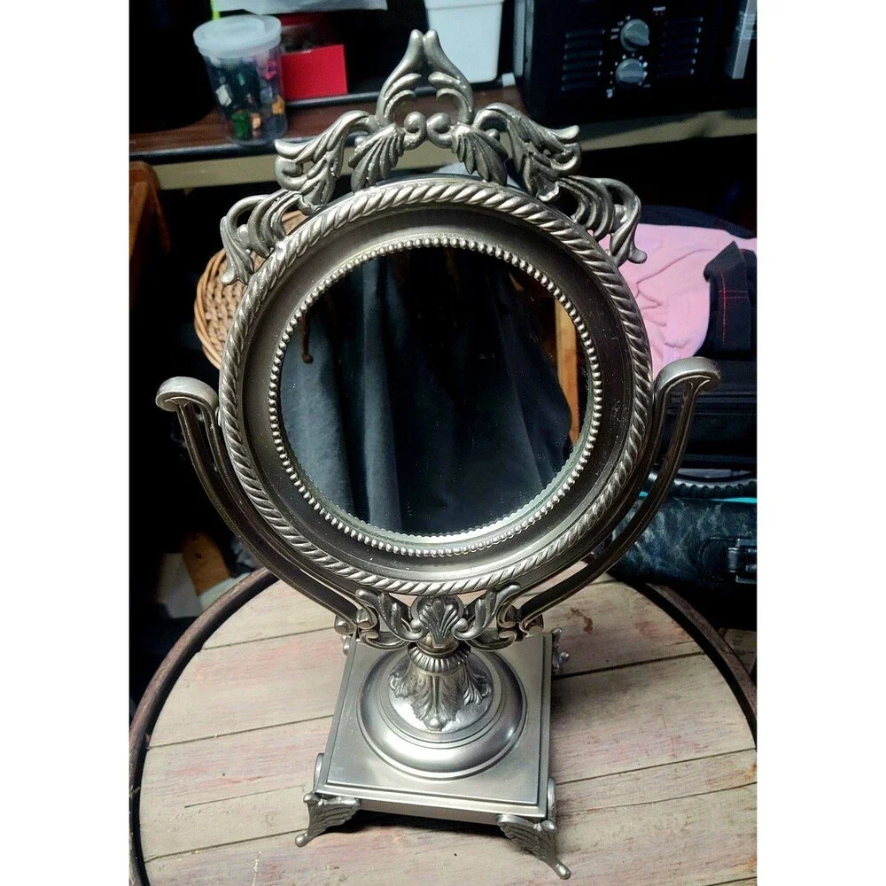 Antique French Brass Table Mirror, Baroque Round Vanity Mirror, Patina
